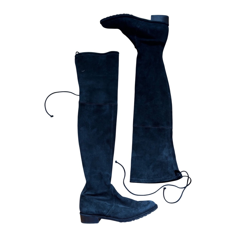 Stuart Weitzman‎ Lowland Black Suede Over The Knee Boots Flat Tie Back 6.5